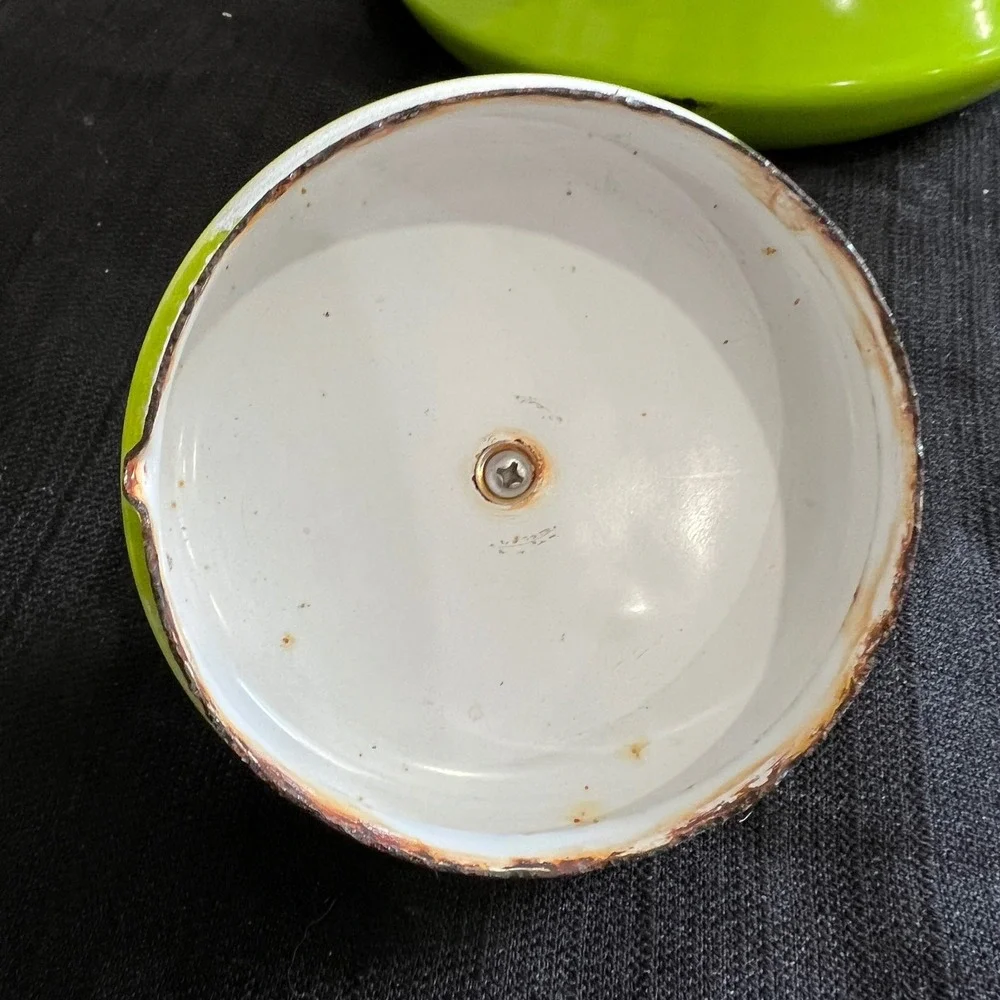 Vintage Lime Green Enamel Tea Kettle Retro Mid Century Wood‎ Handle Teapot 910